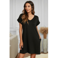 Black V Neck Cuffed T-shirt Dress