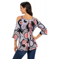 Dark Boho Print Half Sleeve Cold Shoulder Top