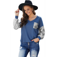 Sequin Splicing Blue V Neck Bishop Sleeves Top