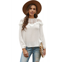 White Hollow-out Ruffle Long Sleeve Blouse