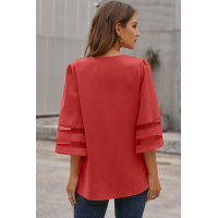 Red Flare Sleeve V Neck Loose Blouse