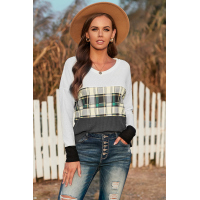 Green Plaid Color Block V Neck Long Sleeve Top