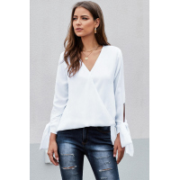 White V Neck Ruched Tie Sleeve Top