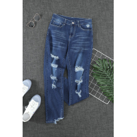 Blue Medium Wash High Rise Distressed Skinny Jeans