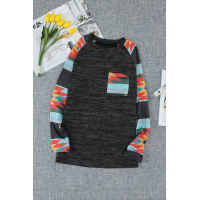 Gray Aztec Print Pocket Long Sleeve Top