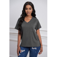 Gray V Neck Short Sleeves Cotton Blend Tee with Front Pocket and Side Slits