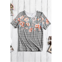 Gray Spring Vibe Floral & Stripe Tee