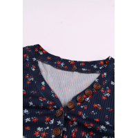 Navy Button V Neck Long Sleeve Floral Top