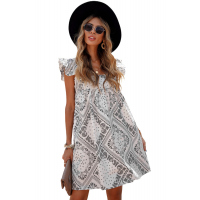 Square Neck Flutter Sleeve Bohemian Print Mini Dress