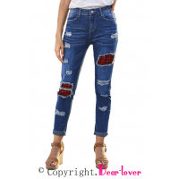 Sky Blue Plaid Patchwork Hollow Out Ripped Jeans