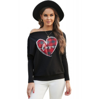 Black Valentine Love Heart Plaid Printed Splicing Bat Sleeve Top