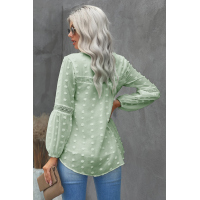 Green Ruffled Split Neck Lace Hollow Out Puff Sleeve Polka Dot Blouse