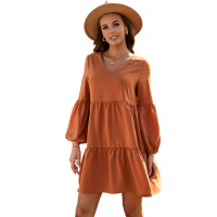 Brown Ruffle V-Neck Flowy Loose Tunic Dress