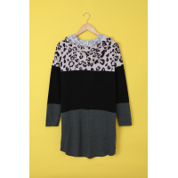 Leopard Color Block Splicing Long Sleeve Cotton Mini Dress