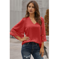 Red Flare Sleeve V Neck Loose Blouse