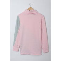 Pink Turtle Neck Sloping Color Block Long Sleeve Top