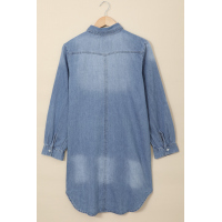 Blue Turn Down Collar Button Long Sleeve Denim Shirt Mini Dress