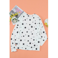 White Round Neck Star Print Long Sleeve Top