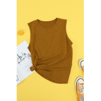 Brown Round Neck Cotton Blend Tank