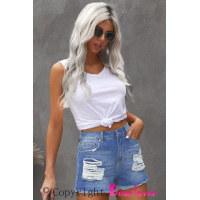 Blue Distressed Mid Rise Frayed Hem Denim Shorts