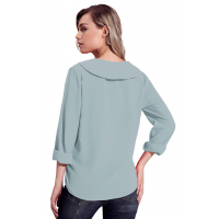 Grey Lapel V Neck Roll Sleeve Blouse