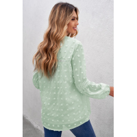 Green Ruffled Split Neck Lace Hollow Out Puff Sleeve Polka Dot Blouse