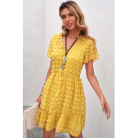 Yellow Polka Dot V Neck Ruffled Short Sleeves Mini Dress