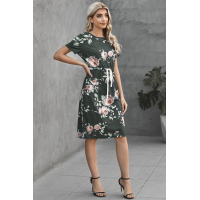 Short Sleeve Pocketed Drawstring Casual Floral Dress