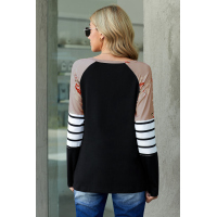 Black Striped Floral Long Sleeve Top