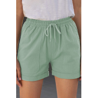 Green Elastic Waistband Pocket Drawstring Shorts with Button