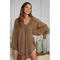 Brown V Neck Polka Dot Lantern Sleeve Top