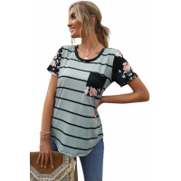 Gray Striped T-shirt with Patch Pocket