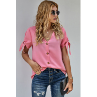 Pink Casual Tie Knot Short Sleeve V-Neck Button Chiffon Blouse