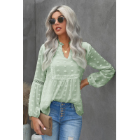 Green Ruffled Split Neck Lace Hollow Out Puff Sleeve Polka Dot Blouse