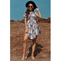 Gray Floral Print Short Sleeve Pleated Mini Dress