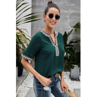 Green Boho Floral V Neck Casual Blouse