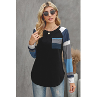 Black Color Block Striped Pocket Long Sleeve Top