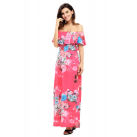 Flower Print Rosy Grounding Off Shoulder Long Boho Dress