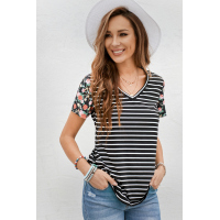 Floral Sleeves Striped T-shirt