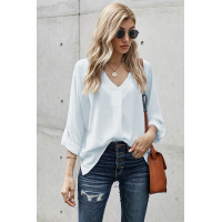 White V Neck 3/4 Sleeve High Low Hem Shirt