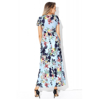 Pocket Design Short Sleeve Light Blue Floral Maxi Dress