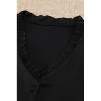 Black Frilled V Neckline Buttoned French Shirt