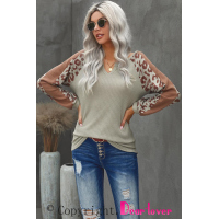 Mocha Leopard Print Waffle Knit Long Sleeve Top