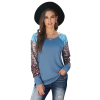 Blue Raglan Sleeve Leopard&Snakeskin Splicing Waffle Top