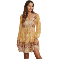 Yellow V-neck Floral Print Long Sleeve Tunic Mini Dress