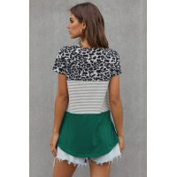 Green Block Striped and Leopard Short Sleeve Tee