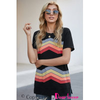 Black Colorful Wavy Stripes Print Short Sleeve Tee