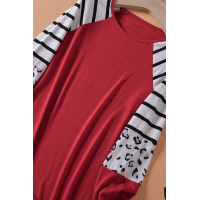 Red Striped Animal Print Colorblock Long Sleeve Top