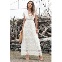 White V Neck Lace Maxi Dress