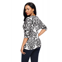 White Black Damask Print Half Sleeve Top